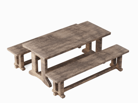 Medieval Wooden Table and Bench 02 3Dモデル