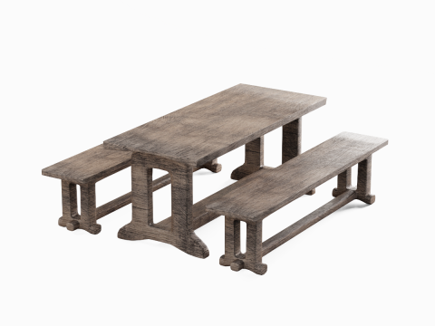 Medieval Wooden Table and Bench 02 3D Model