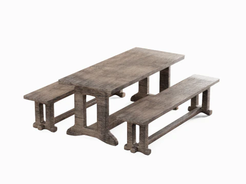 Medieval Wooden Table and Bench 02 3D Model