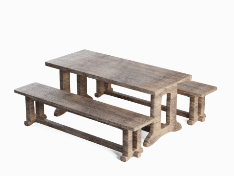 Medieval Wooden Table and Bench 02 3D Model