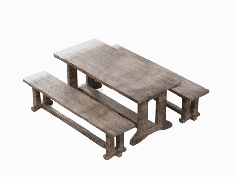 Medieval Wooden Table and Bench 02 3D Model