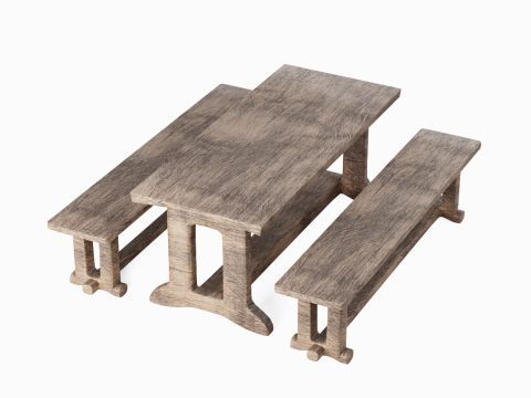 Medieval Wooden Table and Bench 02 3D Model
