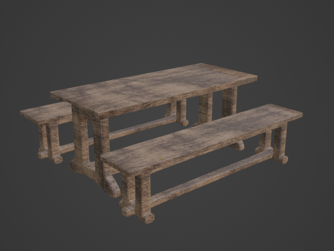 Medieval Wooden Table and Bench 02 3D Model