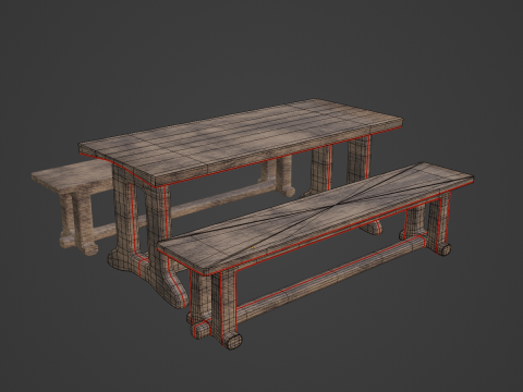 Medieval Wooden Table and Bench 02 3D Model