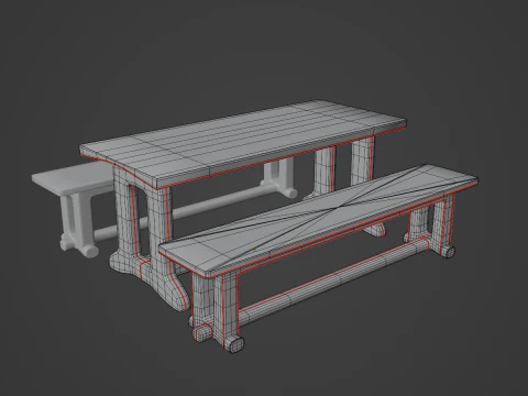 Medieval Wooden Table and Bench 03 3D Model