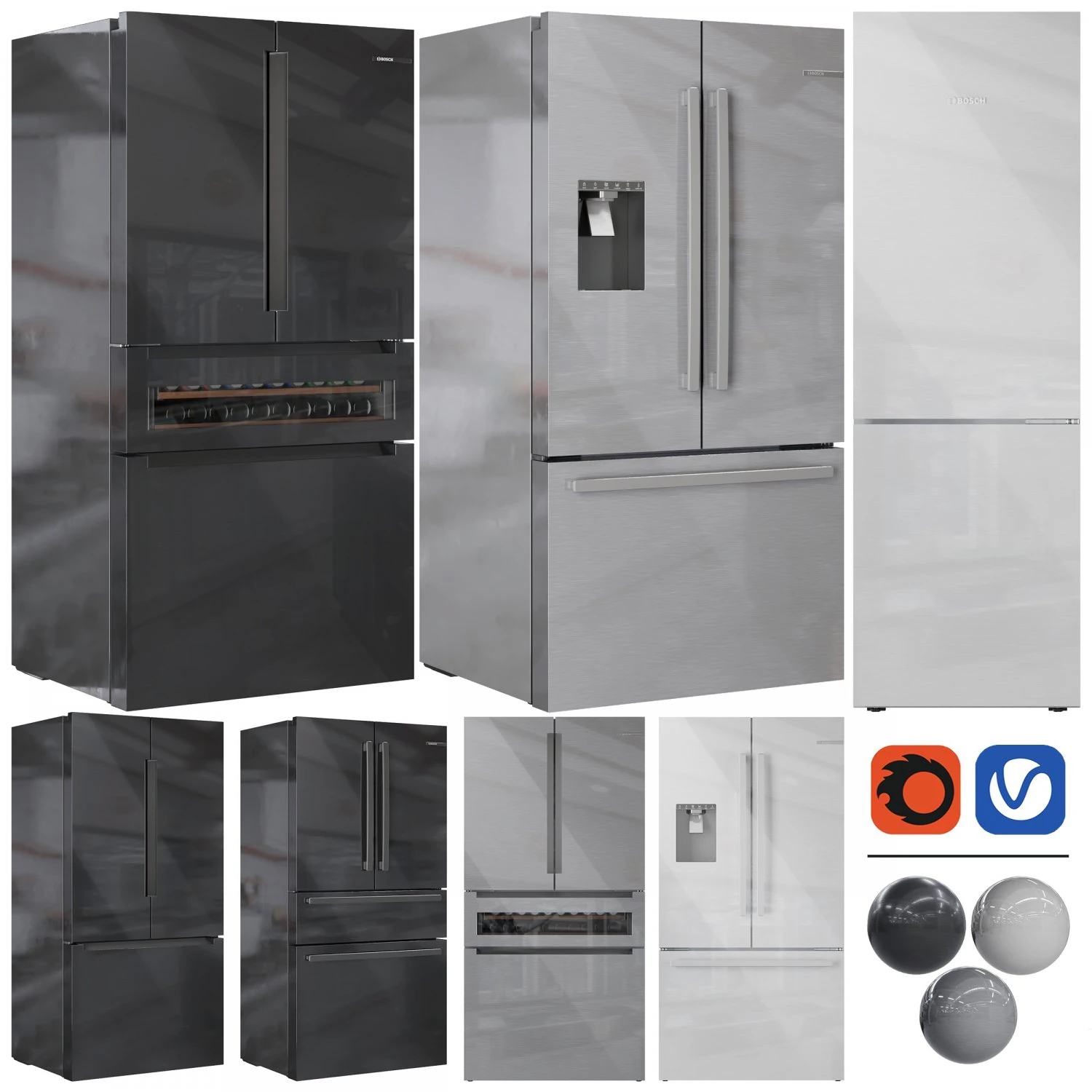 Bosch Refrigerators Set01 3D Model .c4d .max .obj .3ds .fbx .stl .blend 
