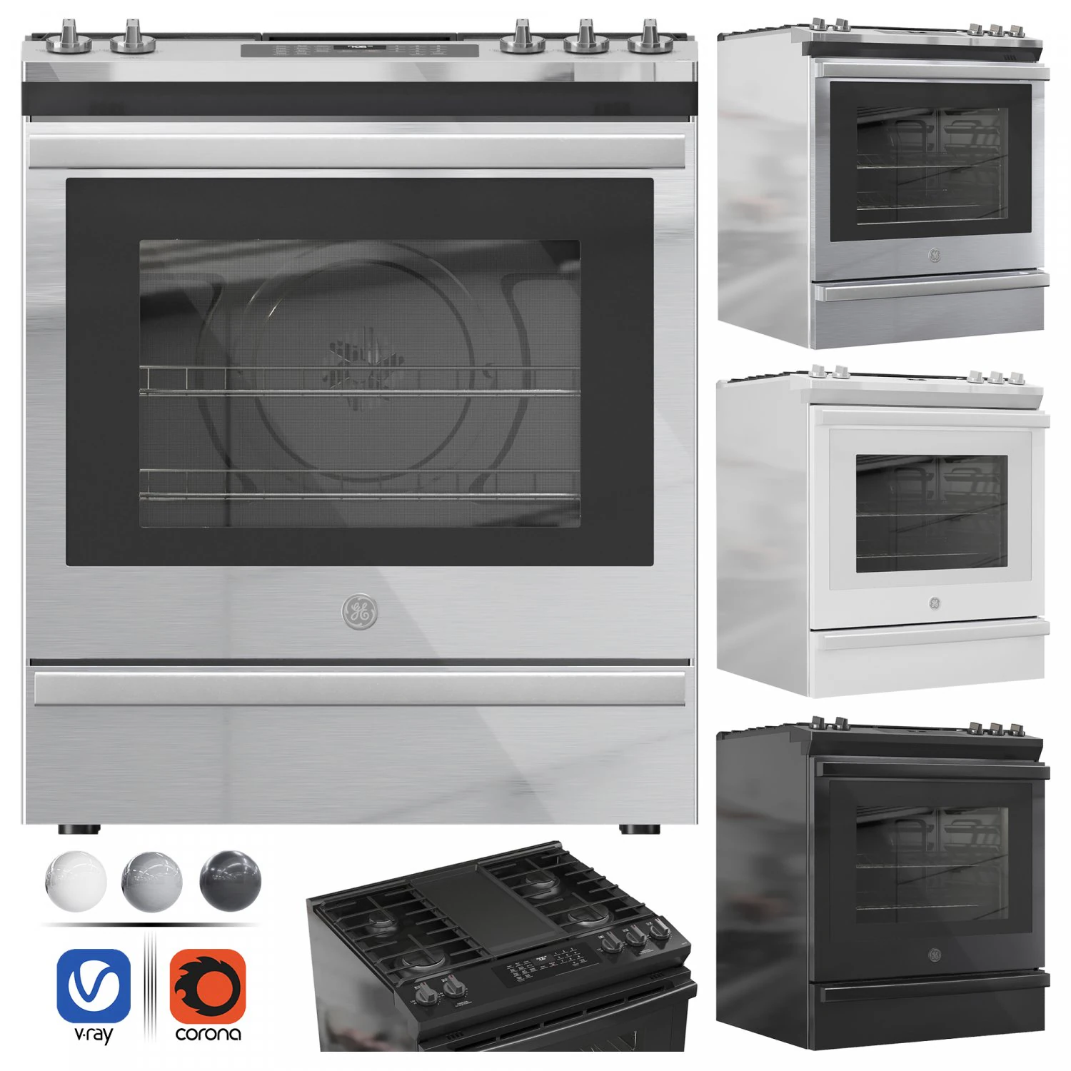 GE Gas Range 30SlideIn 3D Model .c4d .max .obj .3ds .fbx .stl .blend 