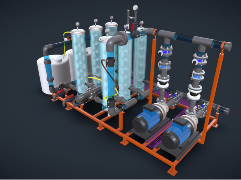 15m3h 2 级精细过滤器，带化学剂量 3D 模型