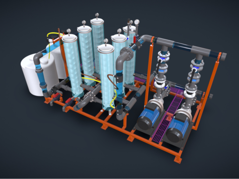 15m3h 2 级精细过滤器，带化学剂量 3D 模型
