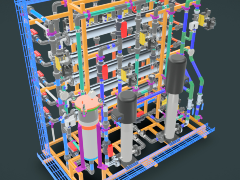 1000LH RO 过滤系统，带自动 CIP 4 膜 4040 3D 模型