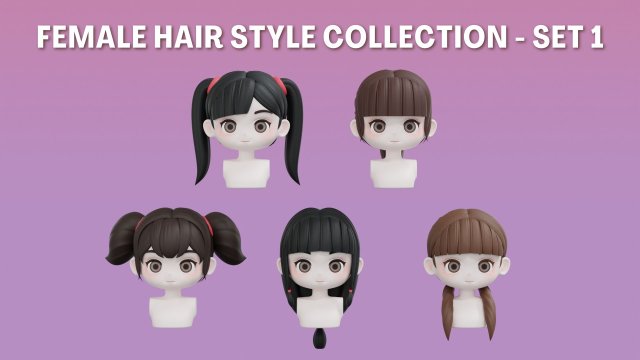 Female Hair Style Set 01 Model 3D .c4d .max .obj .3ds .fbx .stl .blend 