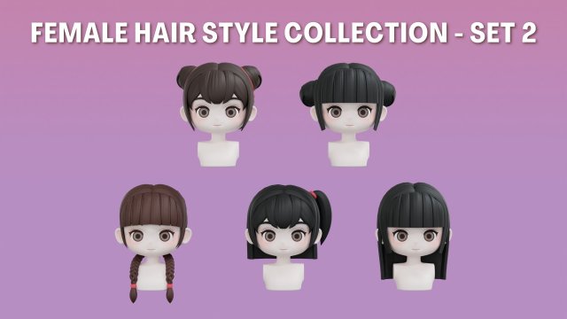 Female Hair Style Set 02 3D Model .c4d .max .obj .3ds .fbx .stl .blend 