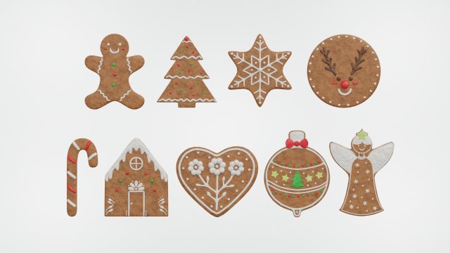 Gingerbread Christmas Cookie Set 1 3D Model .c4d .max .obj .3ds .fbx .stl .blend 