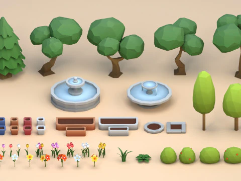 Karikat&uuml;r D&uuml;ş&uuml;k Poli Ağa&ccedil;lar &Ccedil;i&ccedil;ek Paketi 3D Model