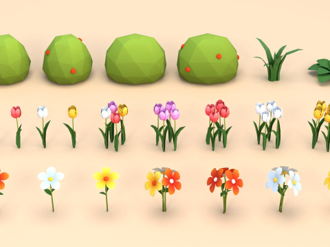 Cartoon Low Poly Trees Flowers Pack Modelo 3D