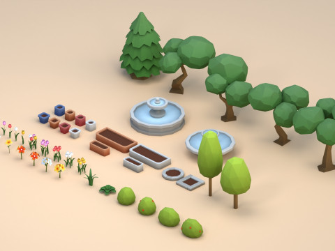 Cartoon Low Poly Trees Flowers Pack Modelo 3D