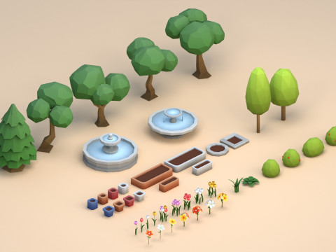 Cartoon Low Poly Trees Flowers Pack Modelo 3D