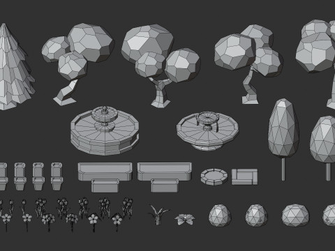 Cartoon Low Poly Trees Flowers Pack Modelo 3D