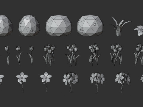 Cartoon Low Poly Trees Flowers Pack Modelo 3D