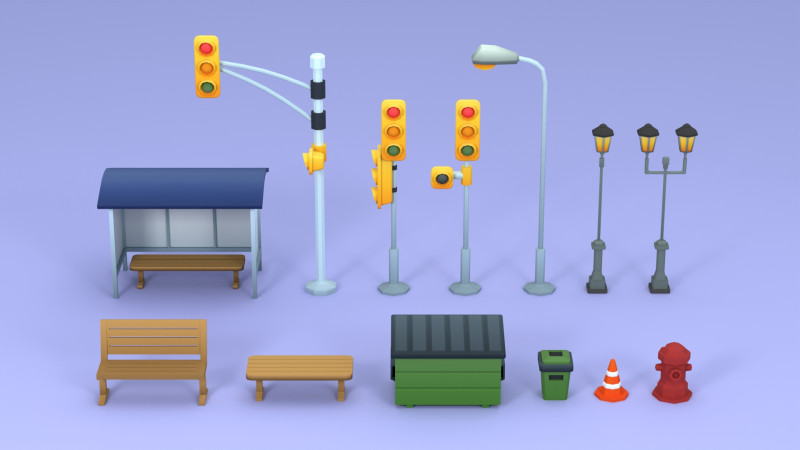 Cartoon Low Poly Street Props Pack Modèle 3D .c4d .max .obj .3ds .fbx .stl .blend
