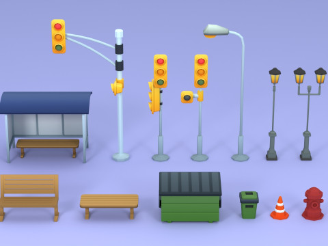 Cartoon Low Poly Street Props Pack Modelo 3D