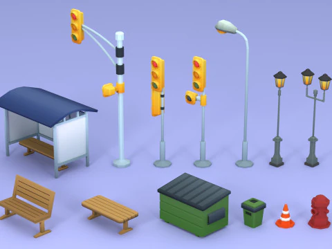Cartoon Low Poly Street Props Pack 3D Model