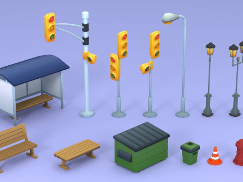 Cartoon Low Poly Street Props Pack 3D Model