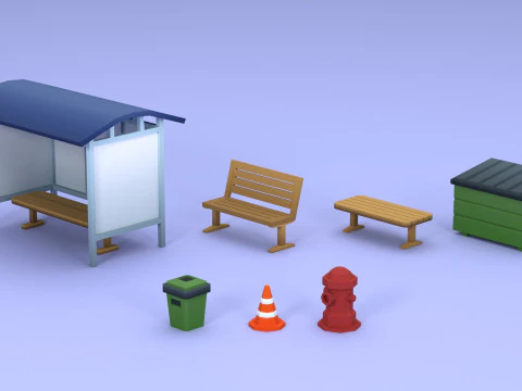 Cartoon Low Poly Street Props Pack 3D Model