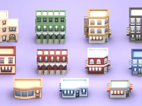 Cartoon Low Poly Building Pack Set1 3D Model