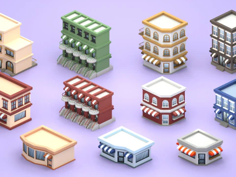 Cartoon Low Poly Building Pack Set1 3D Model