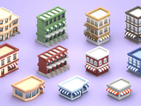 Cartoon Low Poly Building Pack Set1 3D Model