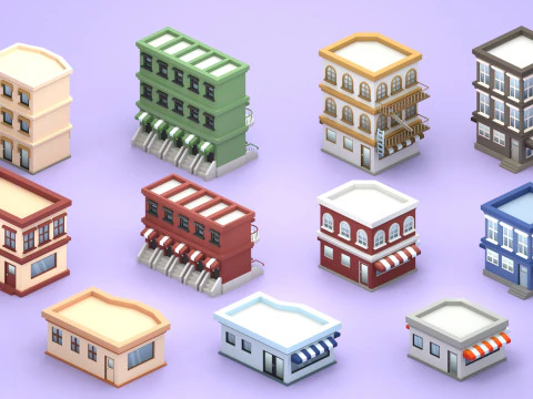 Cartoon Low Poly Building Pack Set1 3D Model