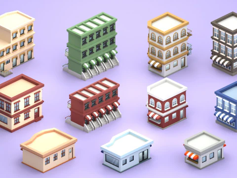 Cartoon Low Poly Building Pack Set1 3D Model