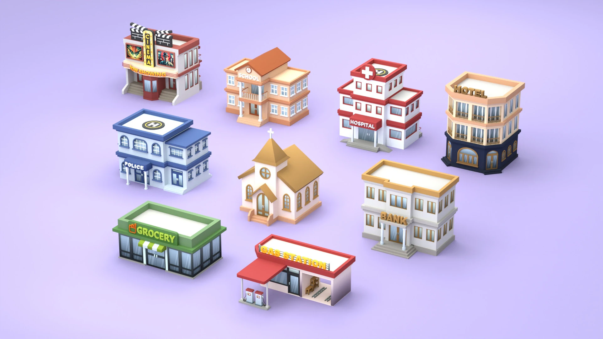 Cartoon Low Poly Building Pack Set2 3D Model .c4d .max .obj .3ds .fbx .stl .blend 