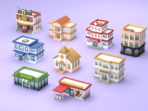Cartoon Low Poly Building Pack Set2 Modelo 3D