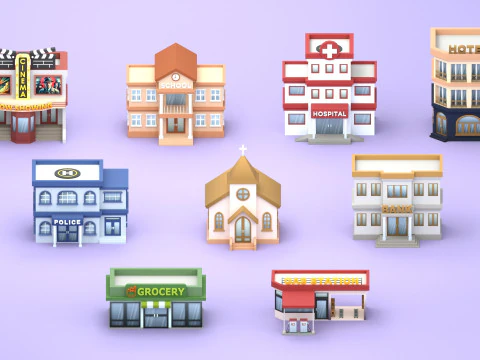 Cartoon Low Poly Building Pack Set2 3D Model