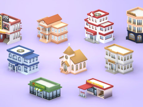 Cartoon Low Poly Building Pack Set2 3D Model