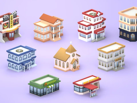 Cartoon Low Poly Building Pack Set2 3D Model