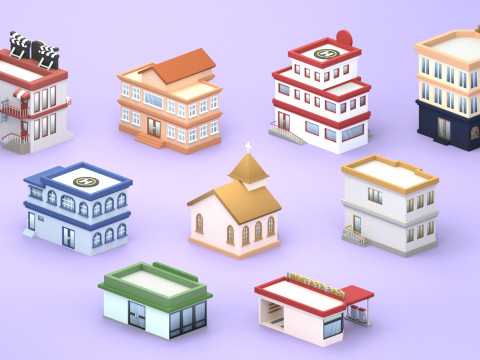 Cartoon Low Poly Building Pack Set2 3Dモデル