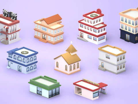 Cartoon Low Poly Building Pack Set2 3D Model