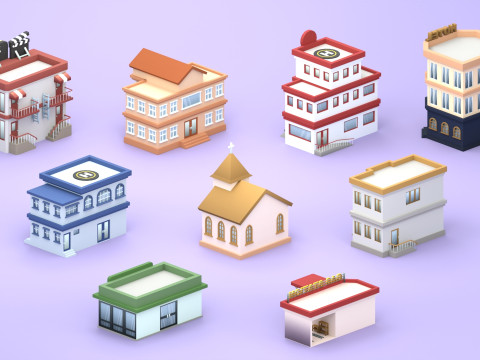 Cartoon Low Poly Building Pack Set2 3Dモデル