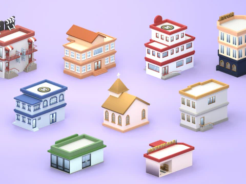Cartoon Low Poly Building Pack Set2 3D Model