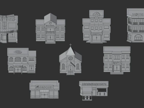 Cartoon Low Poly Building Pack Set2 3D Model