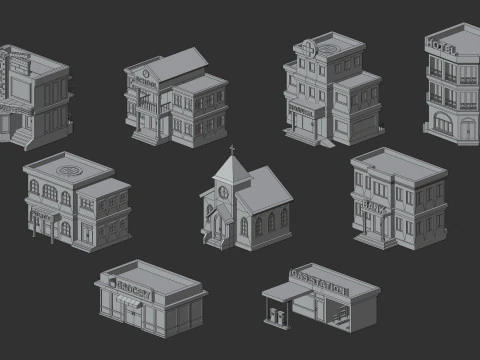 Cartoon Low Poly Building Pack Set2 3D Model