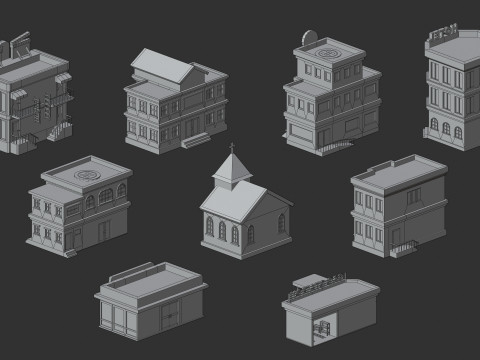 Cartoon Low Poly Building Pack Set2 3Dモデル