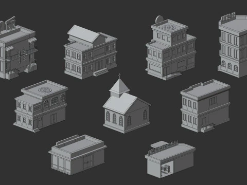 Cartoon Low Poly Building Pack Set2 3D Model