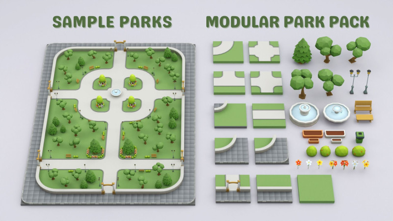 Cartoon Low Poly Modular Park Pack Model 3D .c4d .max .obj .3ds .fbx .stl .blend 