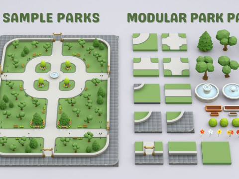 Cartoon Low Poly Modular Park Pack 3D मॉडल