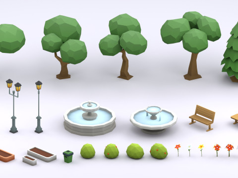 Cartoon Low Poly Modular Park Pack Model 3D