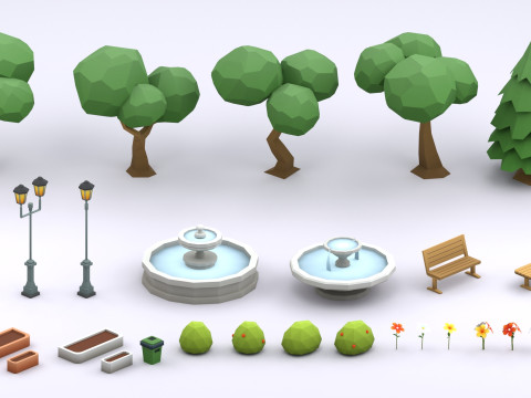 Cartoon Low Poly Modular Park Pack Model 3D